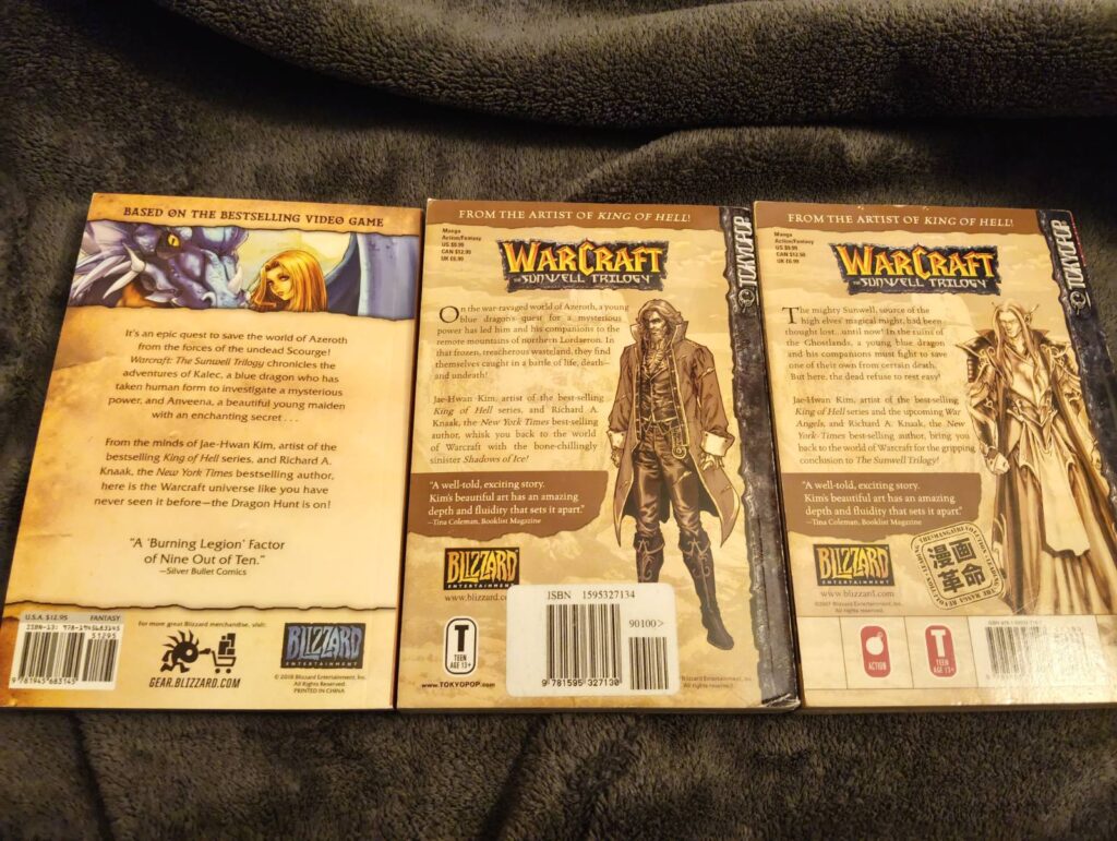 Zdjęcie pokazujące tylne okładki wszystkich trzech tomów The Sunwell Trilogy